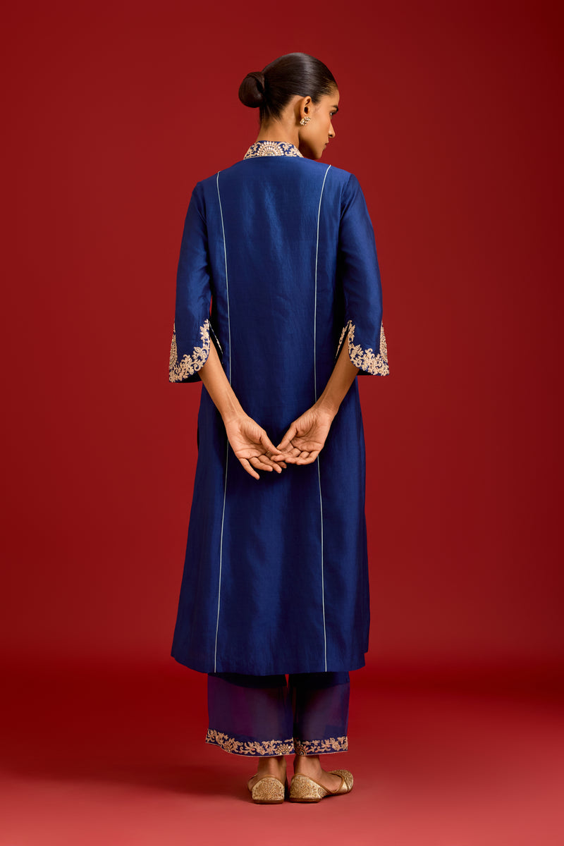 Navy Chinniya Silk Embroidered Kurta Set