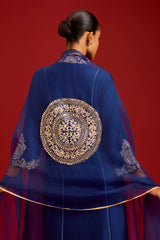 Navy Chinniya Silk Embroidered Kurta Set
