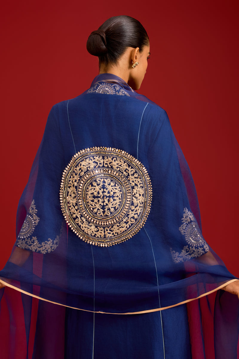 Navy Chinniya Silk Embroidered Kurta Set