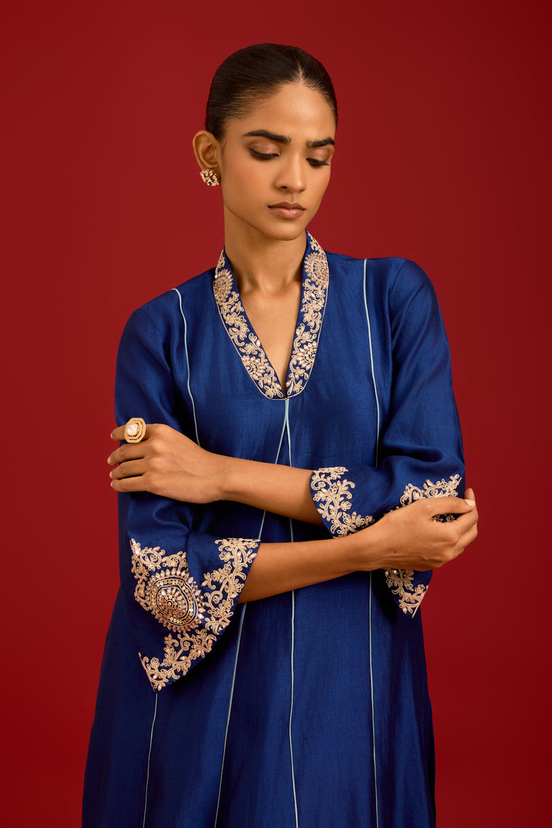 Navy Chinniya Silk Embroidered Kurta Set
