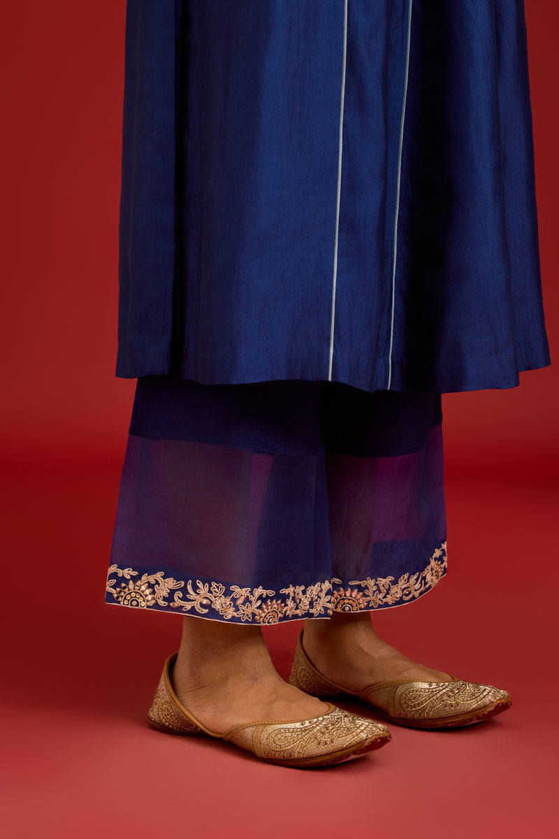 Navy Chinniya Silk Embroidered Kurta Set