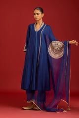 Navy Chinniya Silk Embroidered Kurta Set
