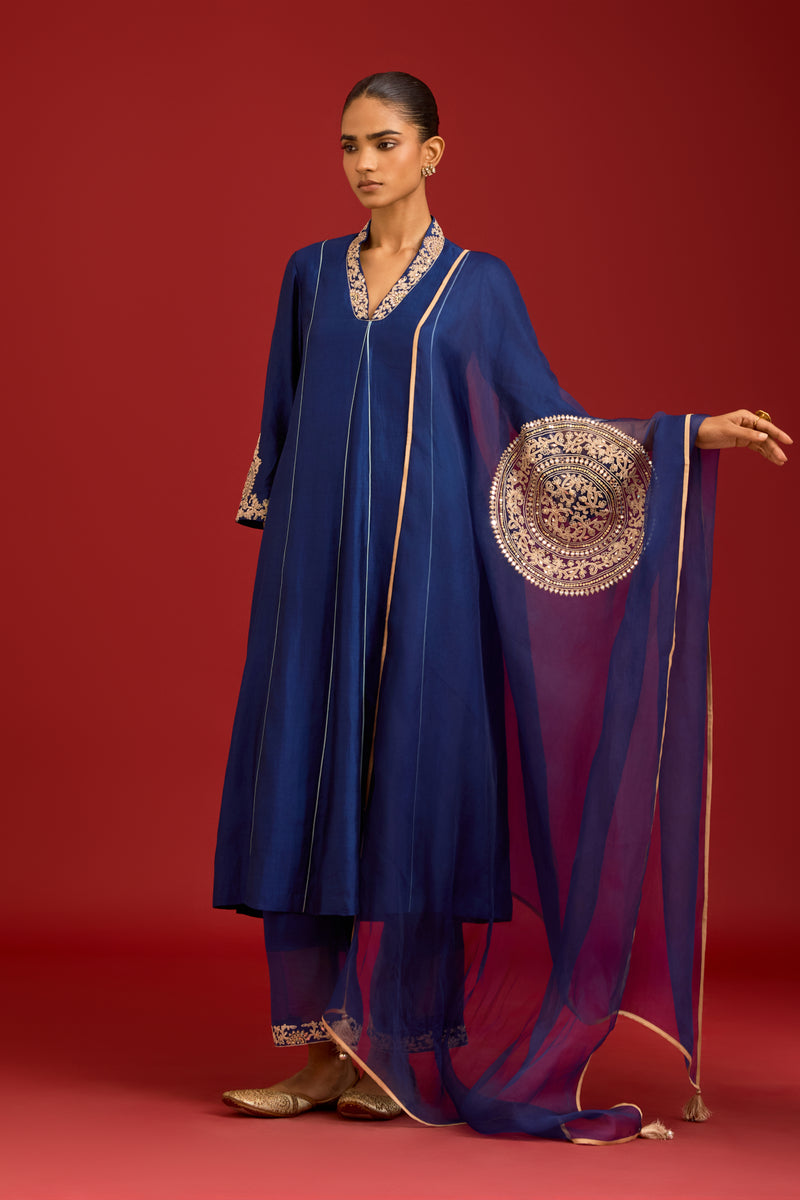 Navy Chinniya Silk Embroidered Kurta Set