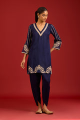 Navy Blue Cotton Silk Satin Embroidered Kurta Set