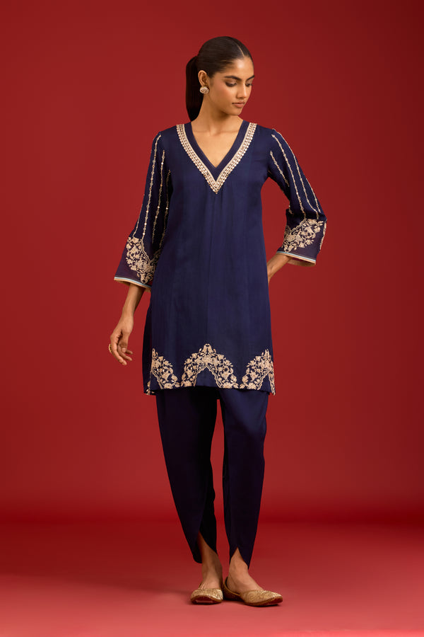 Navy Blue Cotton Silk Satin Embroidered Kurta Set