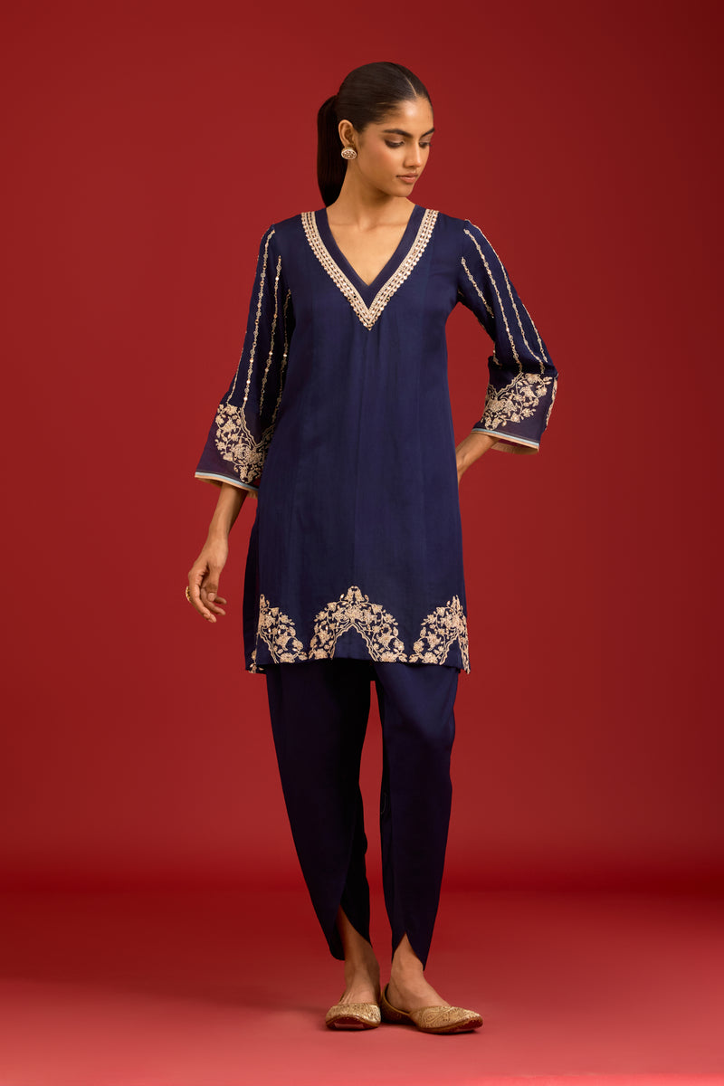 Navy Blue Cotton Silk Satin Embroidered Kurta Set