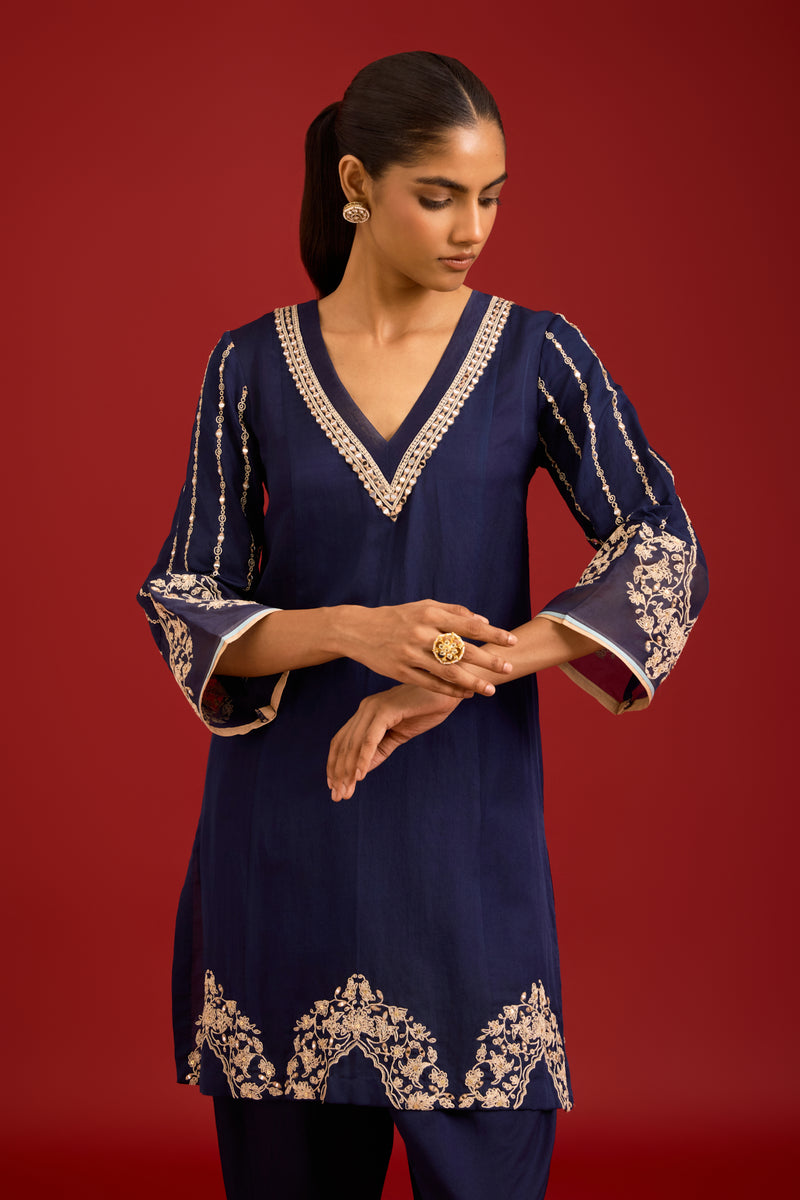 Navy Blue Cotton Silk Satin Embroidered Kurta Set