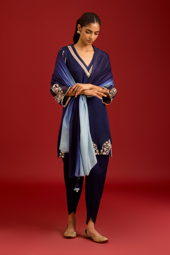 Navy Blue Cotton Silk Satin Embroidered Kurta Set