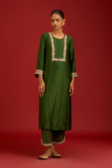Green Chinniya Silk Embroidered Kurta Set (RTS)