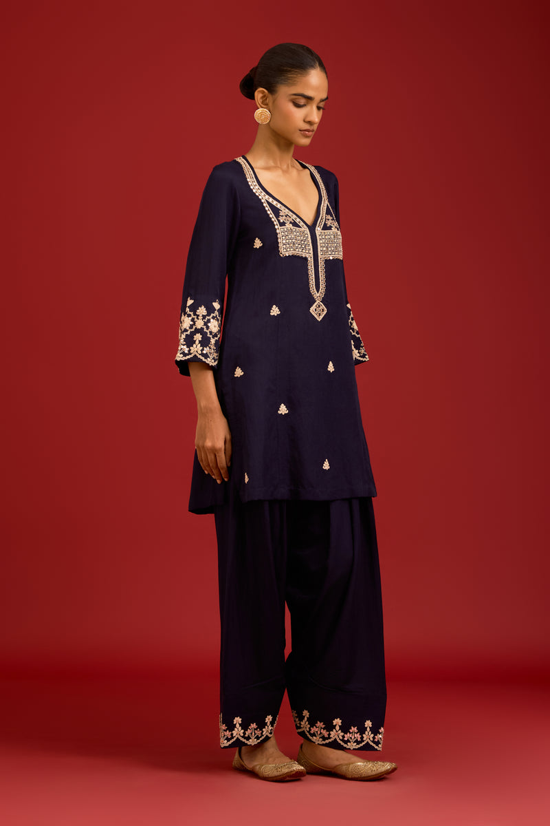 Navy Cotton Satin Embroidered Kurta Set