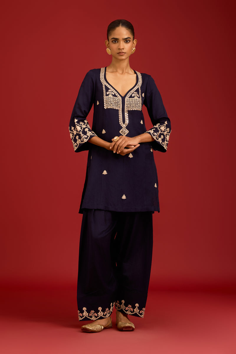 Navy Cotton Satin Embroidered Kurta Set
