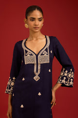 Navy Cotton Satin Embroidered Kurta Set