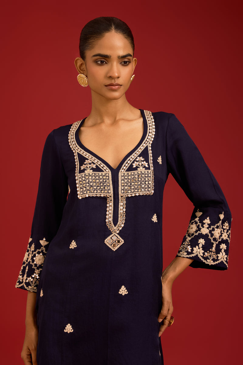 Navy Cotton Satin Embroidered Kurta Set