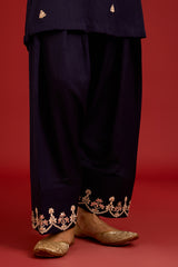 Navy Cotton Satin Embroidered Kurta Set