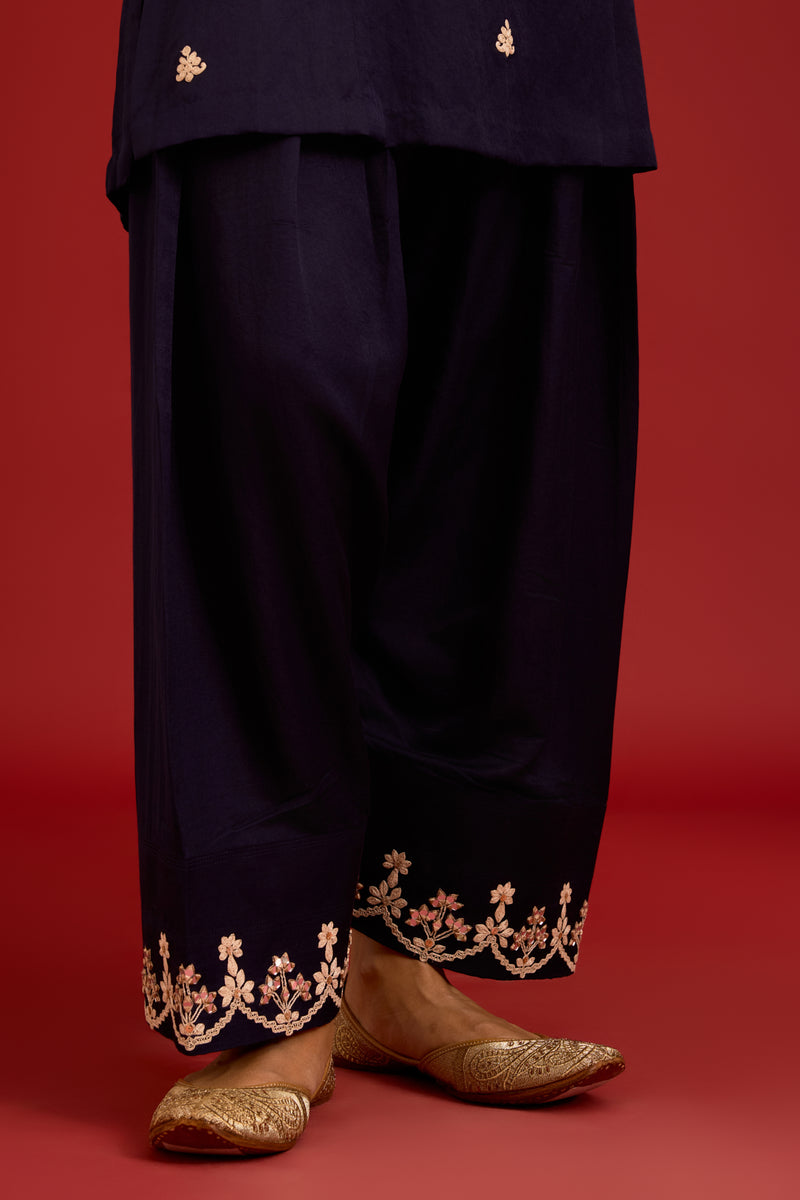 Navy Cotton Satin Embroidered Kurta Set
