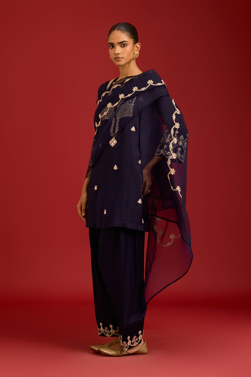 Navy Cotton Satin Embroidered Kurta Set