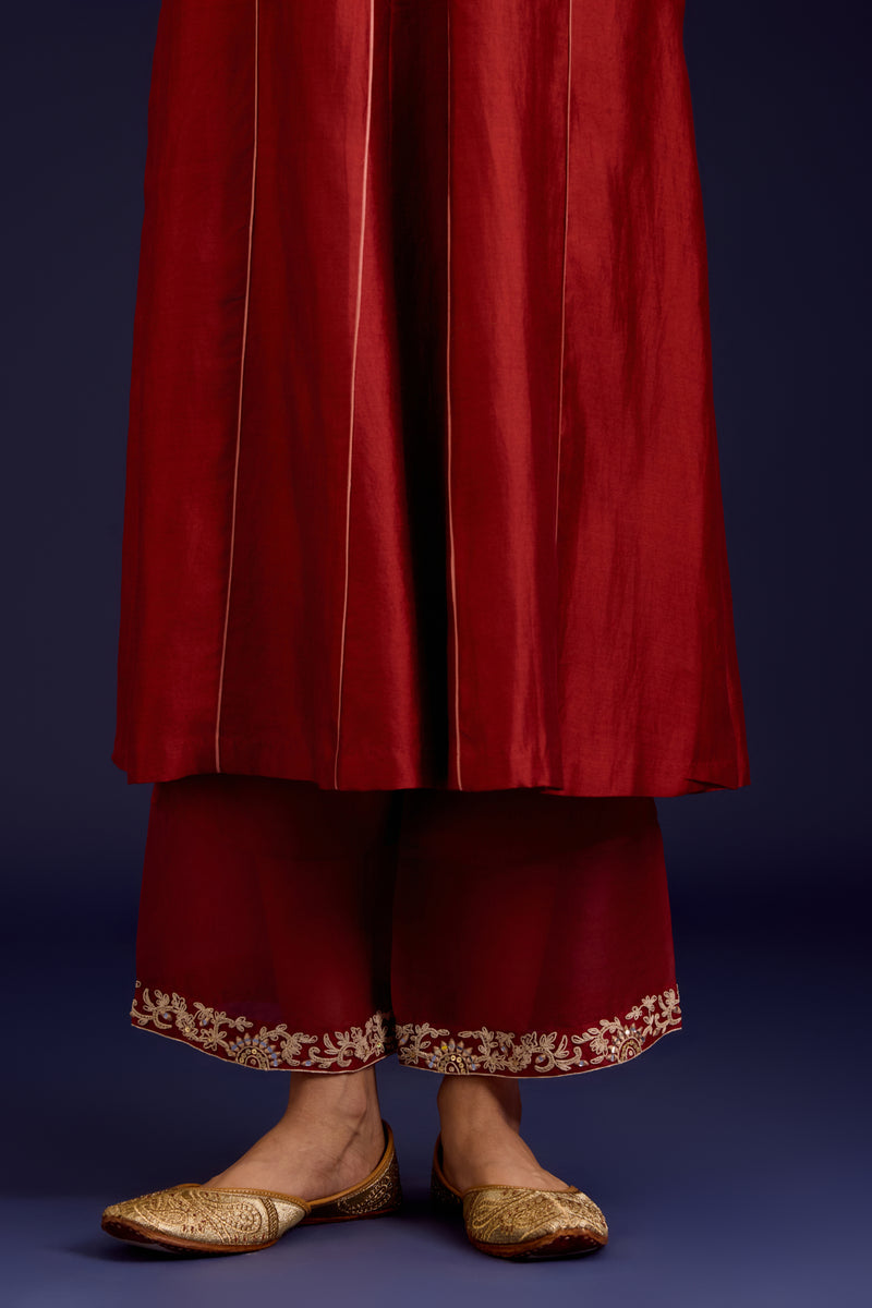 Rust Chinniya Silk Embroidered Kurta Set