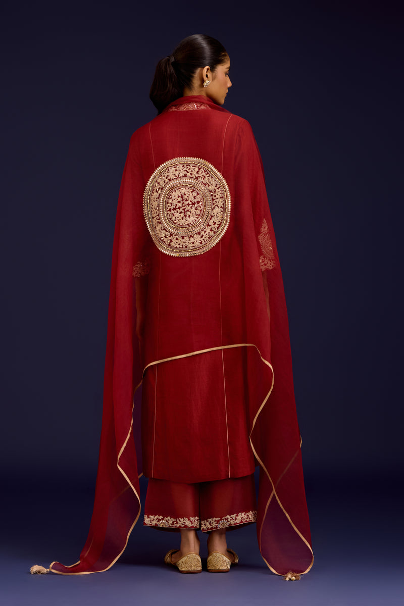 Rust Chinniya Silk Embroidered Kurta Set