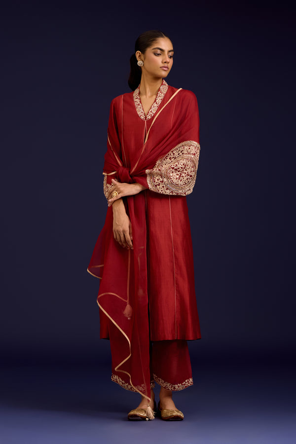 Rust Chinniya Silk Embroidered Kurta Set