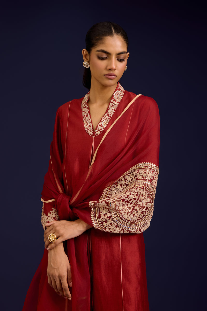 Rust Chinniya Silk Embroidered Kurta Set