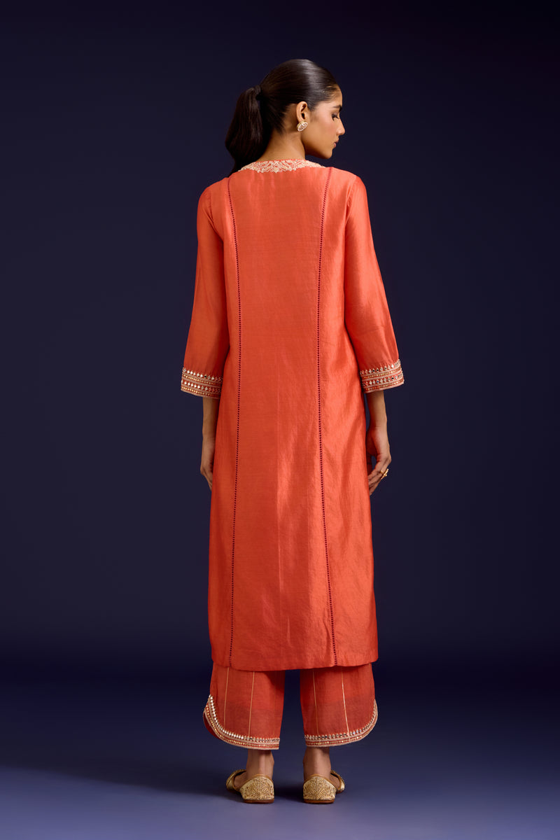 Orange Chinniya Silk Embroidered Kurta Set