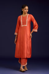 Orange Chinniya Silk Embroidered Kurta Set