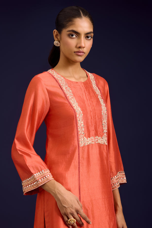 Orange Chinniya Silk Embroidered Kurta Set
