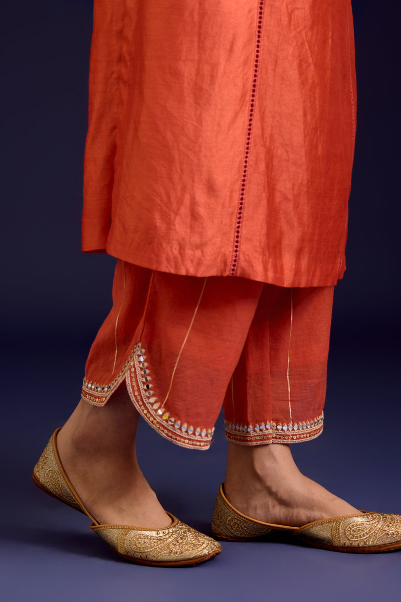 Orange Chinniya Silk Embroidered Kurta Set