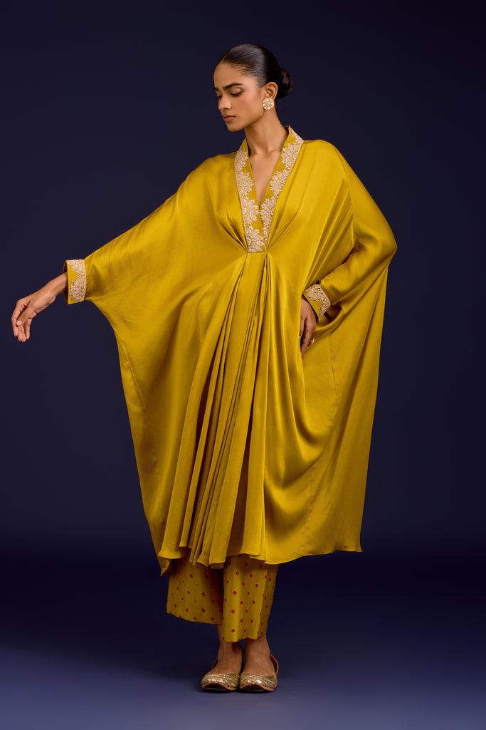 Mustard Modal Satin Embroidered Kaftan Set