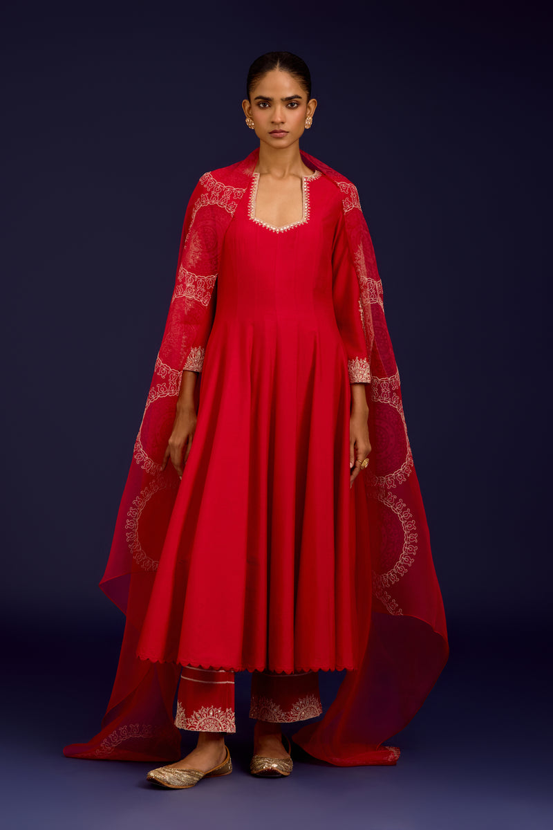 Red Cotton Silk Blend Embroidered Anarkali Set