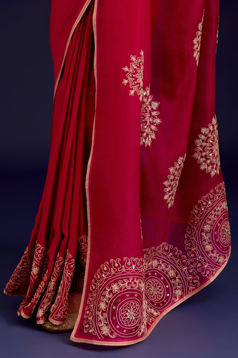 Fuchsia Embroidered Modal Satin Saree Set