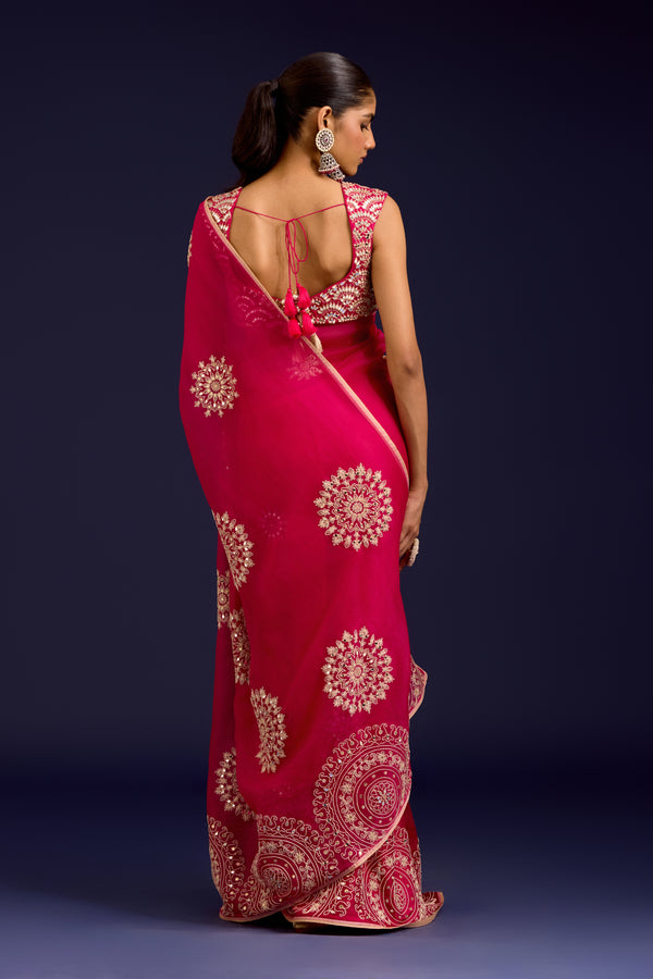 Fuchsia Embroidered Modal Satin Saree Set