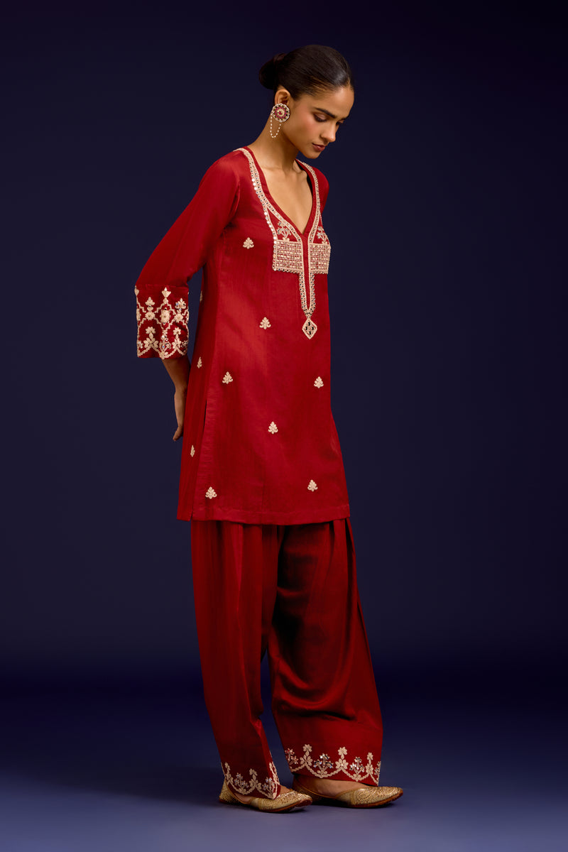 Rust Cotton Silk Satin Embroidered Kurta Set