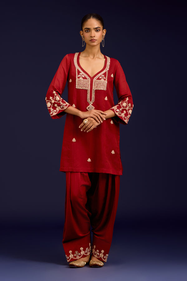 Rust Cotton Silk Satin Embroidered Kurta Set