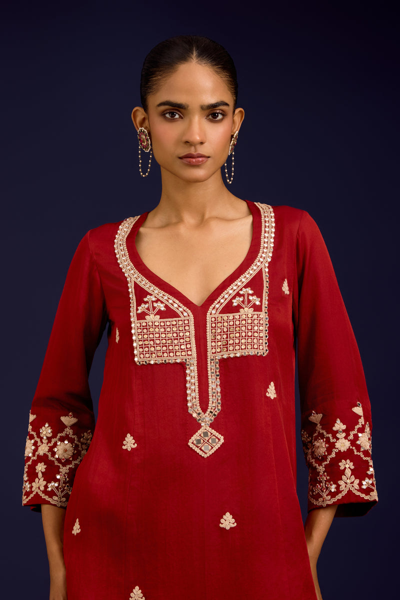 Rust Cotton Silk Satin Embroidered Kurta Set
