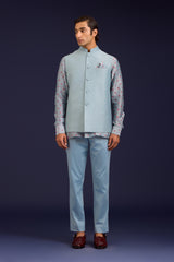 Light Blue Chanderi Bandhej and Linen Satin Bundi Set