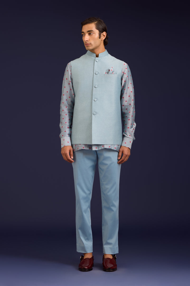 Light Blue Chanderi Bandhej and Linen Satin Bundi Set