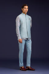Light Blue Chanderi Bandhej and Linen Satin Bundi Set