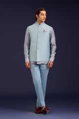 Light Blue Chanderi Bandhej and Linen Satin Bundi Set