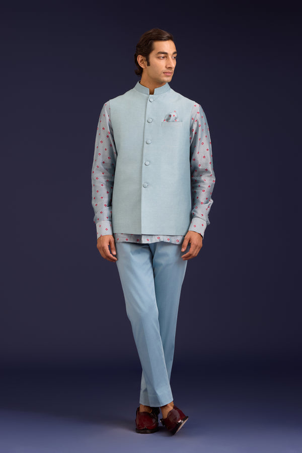 Light Blue Chanderi Bandhej and Linen Satin Bundi Set