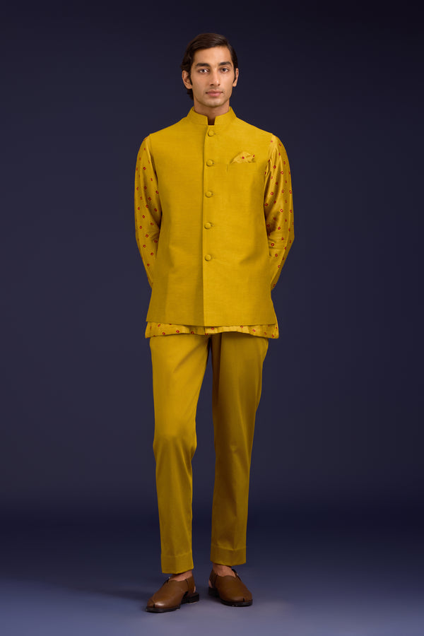 Mustard Chanderi Bandhej and Linen Satin Bundi Set