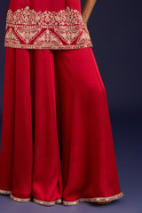 Red Embroidered Modal Satin Sharara Set