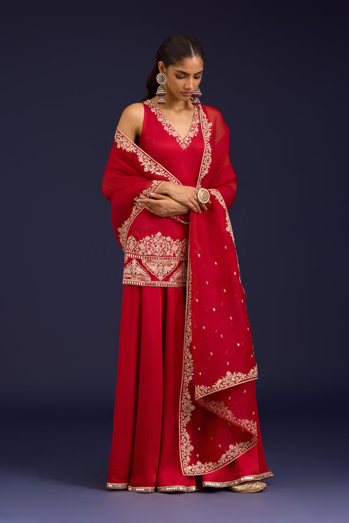 Red Embroidered Modal Satin Sharara Set