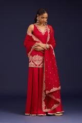 Red Embroidered Modal Satin Sharara Set