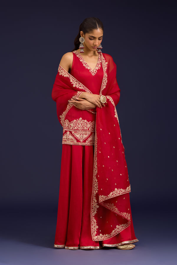 Red Embroidered Modal Satin Sharara Set