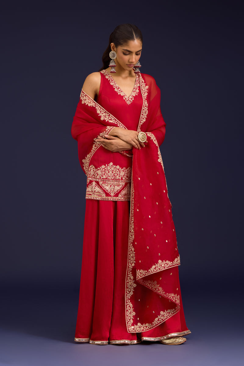 Red Embroidered Modal Satin Sharara Set