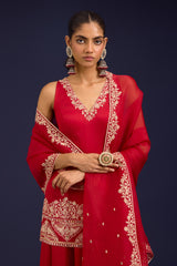 Red Embroidered Modal Satin Sharara Set