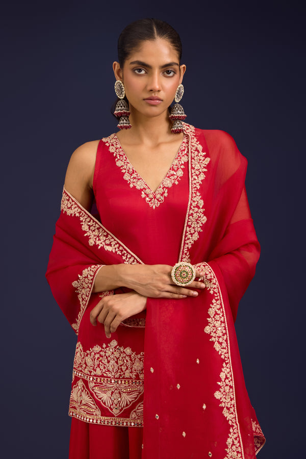 Red Embroidered Modal Satin Sharara Set