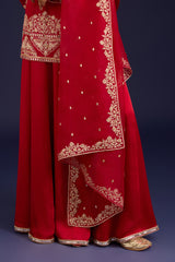 Red Embroidered Modal Satin Sharara Set