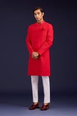 Red Cotton Silk Sherwani Set
